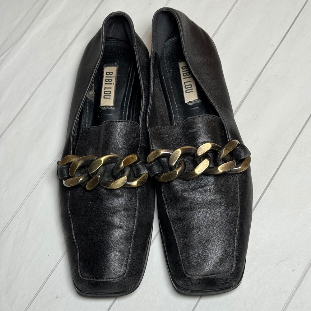 BibiLou Anthropologie Black Loafers Chunky Chain Classy Edgy Elegant 39/US 8